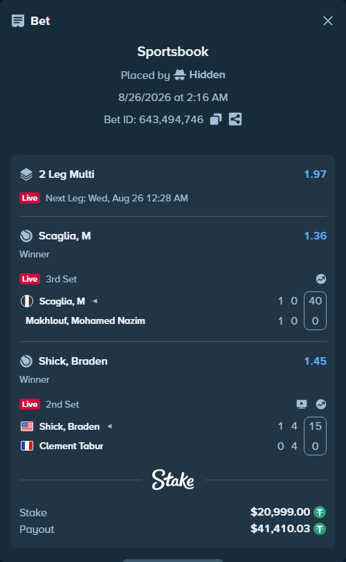 Bet slip: Scaglia, M - Makhlouf, Mohamed Nazim, $20,999.00 stake at 1.36 odds, placed by Hidden
