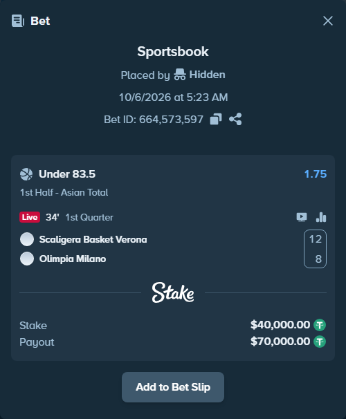 Bet slip: Scaligera Basket Verona - Olimpia Milano, $40,000.00 stake at 1.75 odds, placed by Hidden