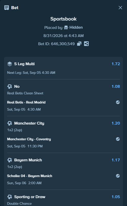 Bet slip: Schalke 04 - Bayern Munich, $10,000.00 stake at 1.17 odds, placed by Hidden
