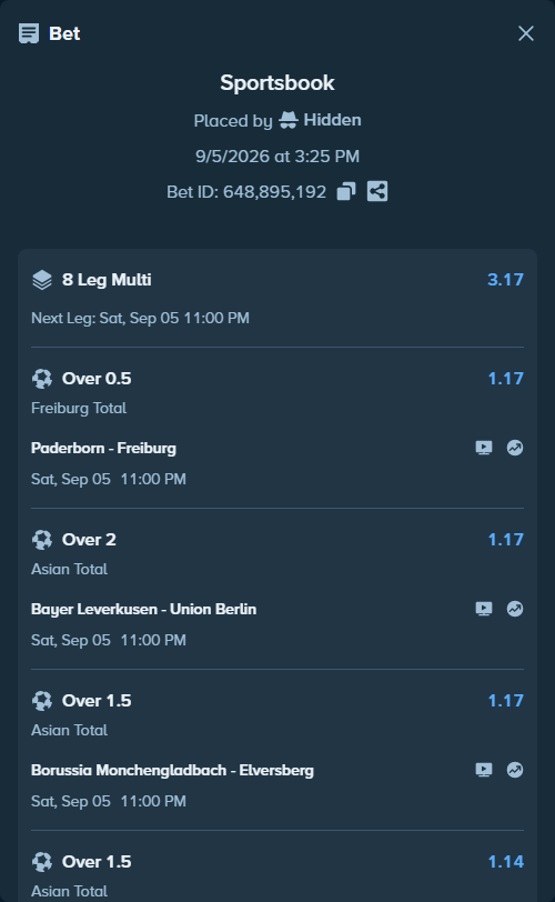 Bet slip: Schalke 04 - Bayern Munich, $10,000.00 stake at 1.15 odds, placed by Hidden