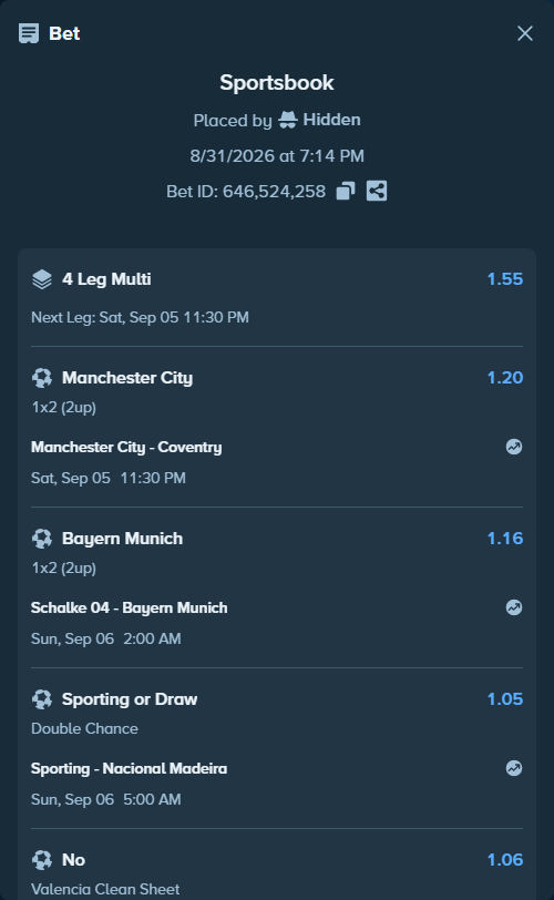 Bet slip: Schalke 04 - Bayern Munich, $10,978.00 stake at 1.16 odds, placed by Hidden