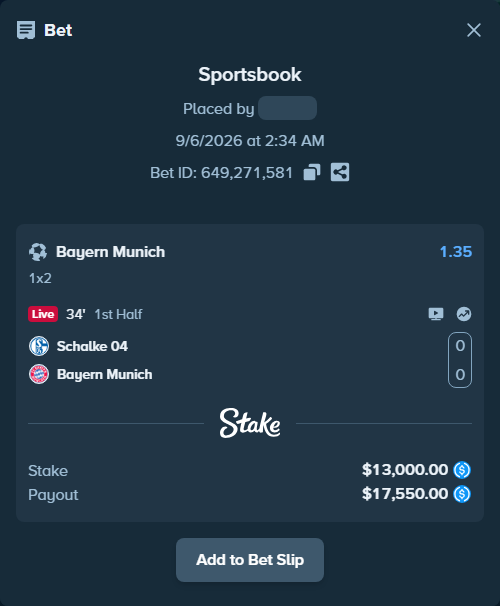 Bet slip: Schalke 04 - Bayern Munich, $13,000.00 stake at 1.35 odds, placed by Nakken12