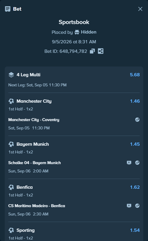 Bet slip: Schalke 04 - Bayern Munich, $14,995.50 stake at 1.45 odds, placed by Hidden