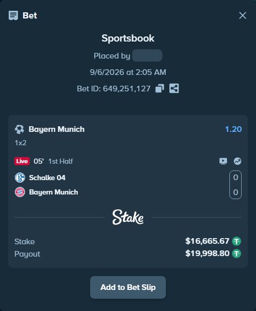 Bet slip: Schalke 04 - Bayern Munich, $16,664.00 stake at 1.20 odds, placed by BatyrM