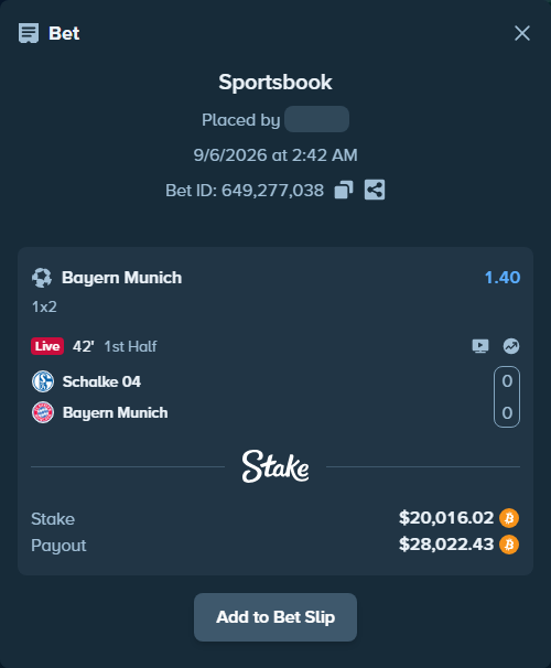 Bet slip: Schalke 04 - Bayern Munich, $19,956.77 stake at 1.40 odds, placed by Tonyj69