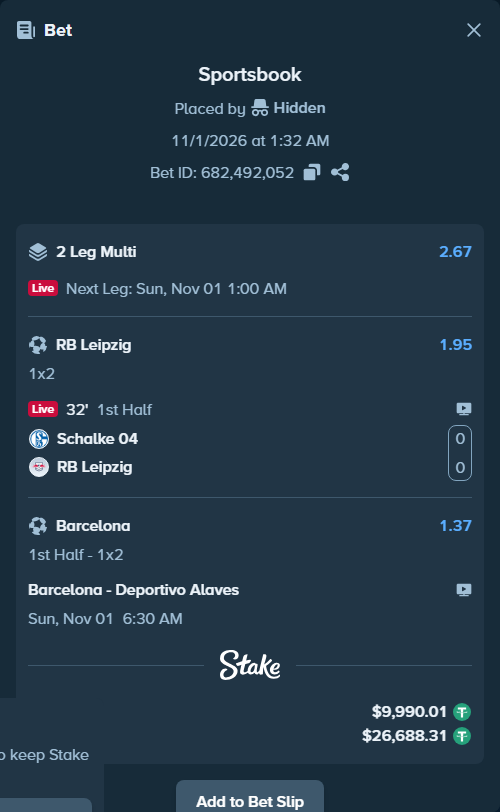 Bet slip: Schalke 04 - RB Leipzig, $10,000.00 stake at 1.95 odds, placed by Agus1033