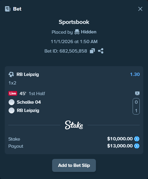 Bet slip: Schalke 04 - RB Leipzig, $10,000.00 stake at 1.30 odds, placed by LarsL