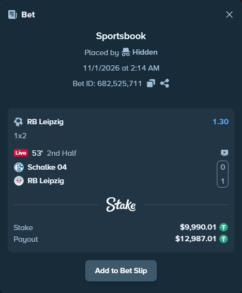 Bet slip: Schalke 04 - RB Leipzig, $10,000.00 stake at 1.30 odds, placed by Akselrosen