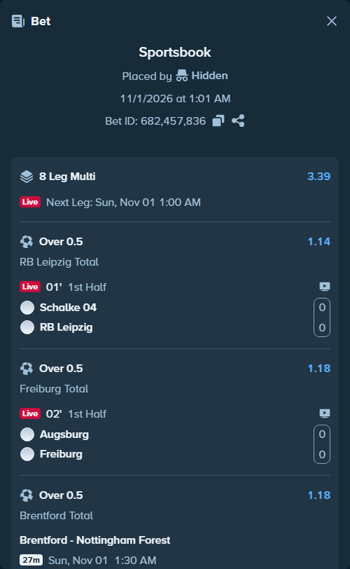Bet slip: Schalke 04 - RB Leipzig, $10,110.10 stake at 1.14 odds, placed by Hidden