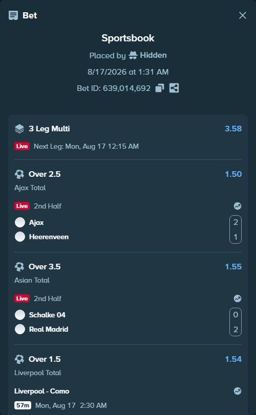 Bet slip: Schalke 04 - Real Madrid, $18,543.95 stake at 1.55 odds, placed by Hidden