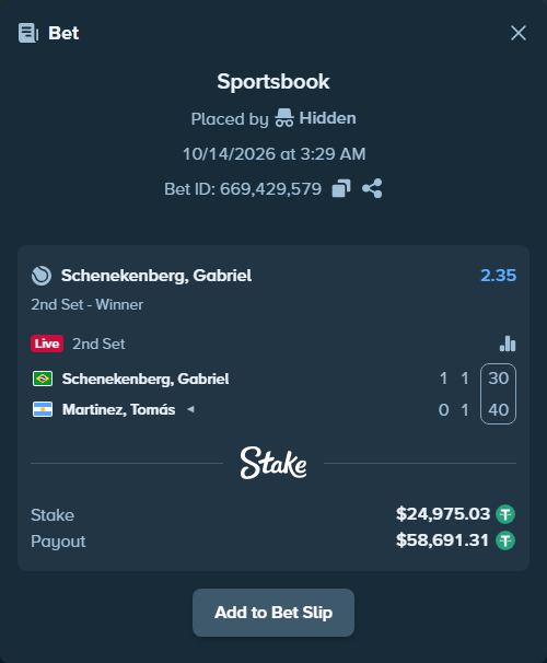 Bet slip: Schenekenberg, Gabriel - Martinez, Tomas, $25,000.00 stake at 2.35 odds, placed by Hidden