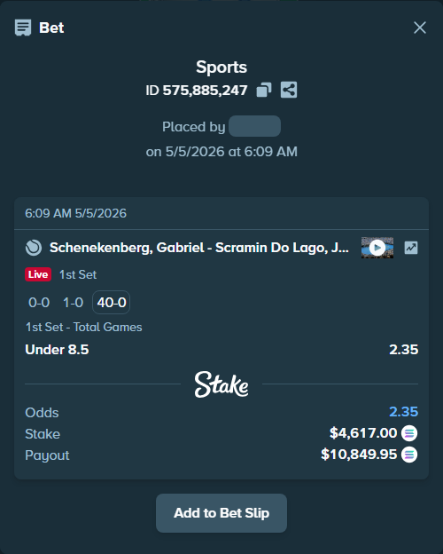 Bet slip: Schenekenberg, Gabriel - Scramin Do Lago, Joao Vitor, $4,029.17 stake at 2.35 odds, placed by AustinAlgamus