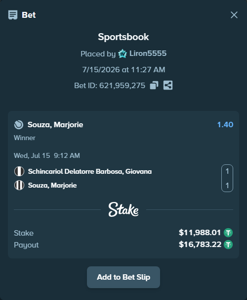 Bet slip: Schincariol Delatorre Barbosa, Giovana - Souza, Marjorie, $12,000.00 stake at 1.40 odds, placed by Liron5555