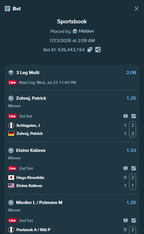 Bet slip: Schlageter, J - Zahraj, Patrick, $10,000.00 stake at 1.25 odds, placed by Hidden