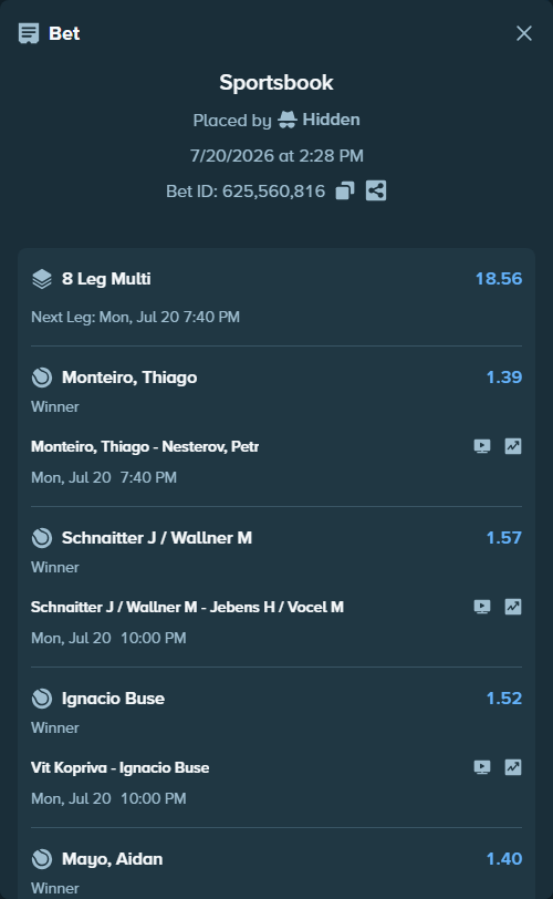 Bet slip: Schnaitter J / Wallner M - Jebens H / Vocel M, $26,259.00 stake at 1.57 odds, placed by Hidden