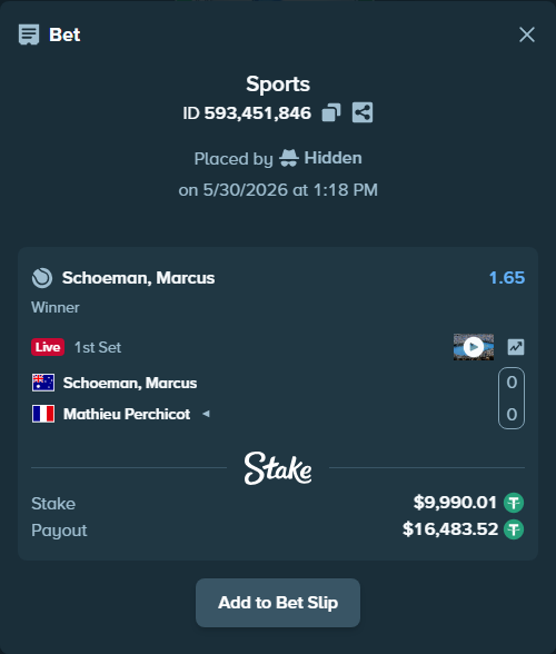 Bet slip: Schoeman, Marcus - Mathieu Perchicot, $10,000.00 stake at 1.65 odds, placed by Hidden