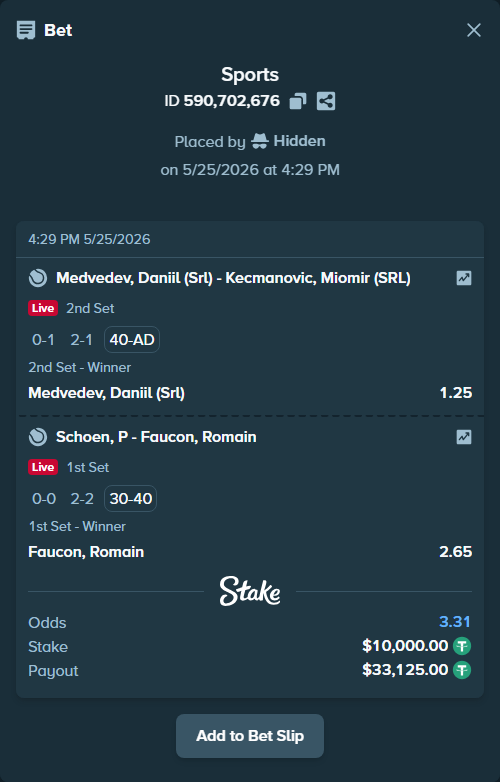 Bet slip: Schoen, P - Faucon, Romain, $10,000.00 stake at 2.65 odds, placed by Hidden