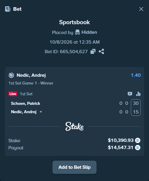 Bet slip: Schoen, Patrick - Nedic, Andrej, $10,429.33 stake at 1.40 odds, placed by Prettylfacko98