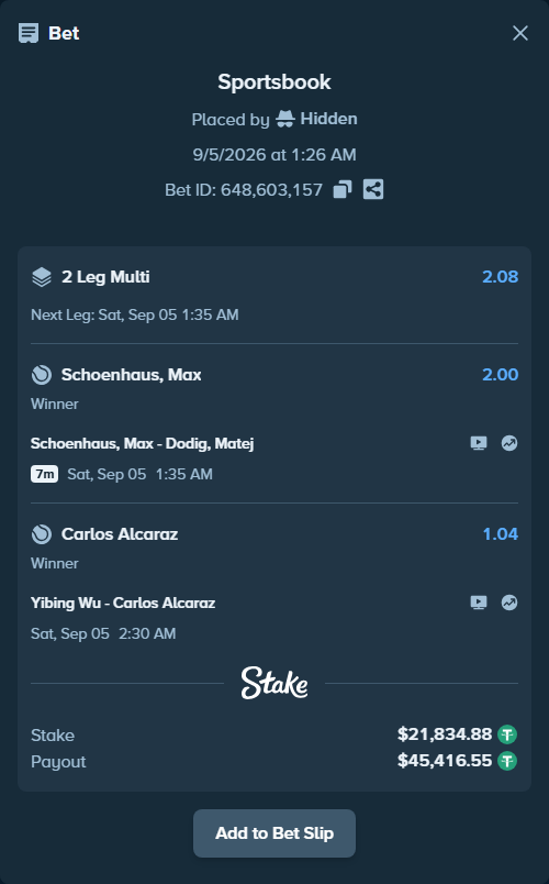 Bet slip: Schoenhaus, Max - Dodig, Matej, $21,832.70 stake at 2.00 odds, placed by Hidden