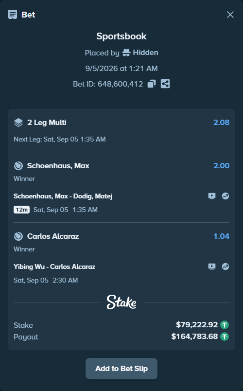 Bet slip: Schoenhaus, Max - Dodig, Matej, $79,215.00 stake at 2.00 odds, placed by Hidden