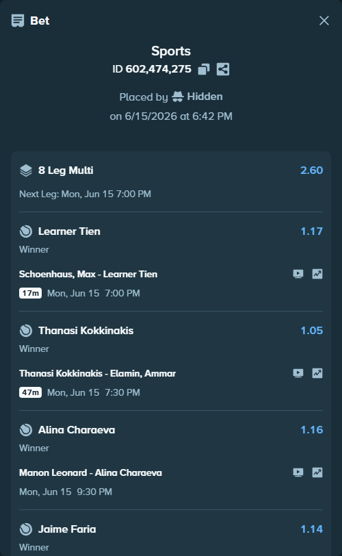 Bet slip: Schoenhaus, Max - Learner Tien, $100,100.00 stake at 1.17 odds, placed by Hidden