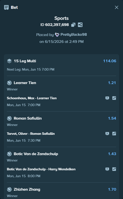 Bet slip: Schoenhaus, Max - Learner Tien, $12,240.18 stake at 1.21 odds, placed by Prettylfacko98