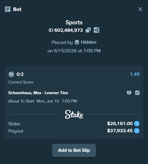 Bet slip: Schoenhaus, Max - Learner Tien, $26,161.00 stake at 1.45 odds, placed by Hidden
