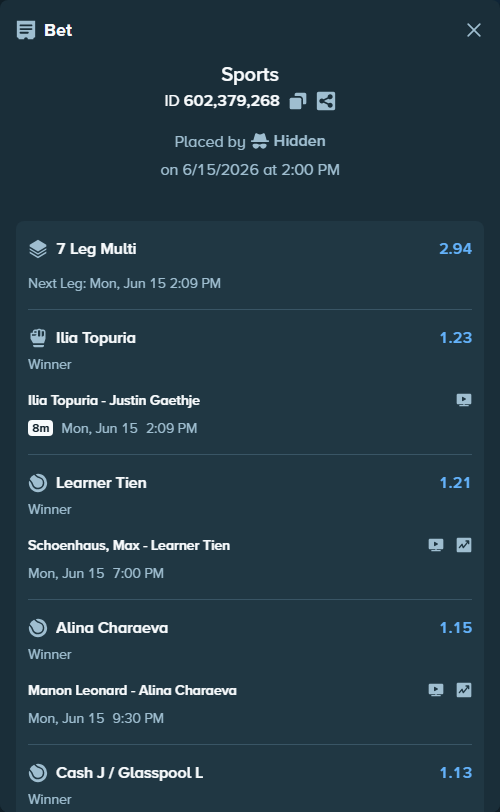 Bet slip: Schoenhaus, Max - Learner Tien, $27,619.64 stake at 1.21 odds, placed by Hidden