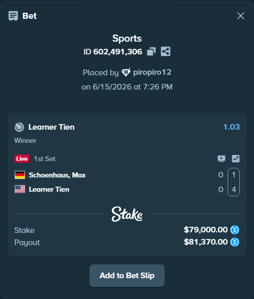 Bet slip: Schoenhaus, Max - Learner Tien, $79,000.00 stake at 1.03 odds, placed by piropiro12