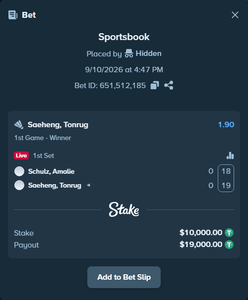 Bet slip: Schulz, Amalie - Saeheng, Tonrug, $10,000.00 stake at 1.90 odds, placed by Hidden