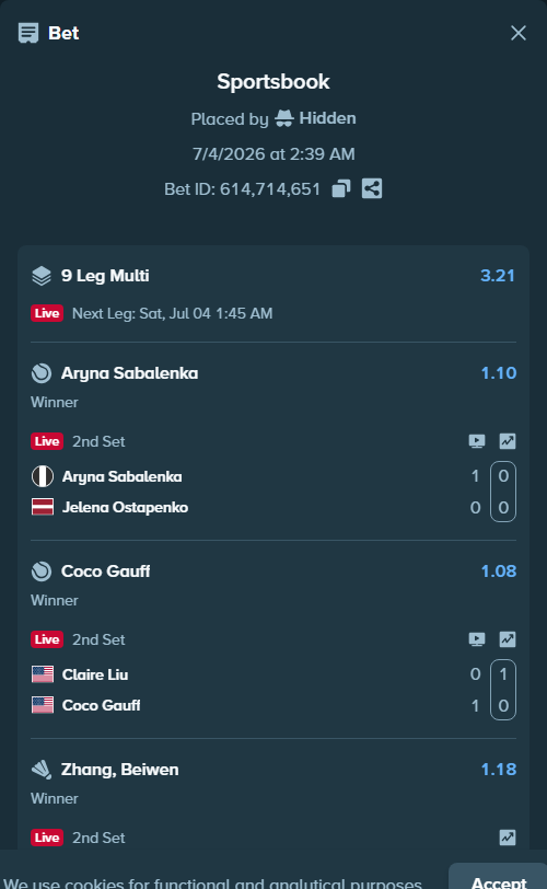 Bet slip: Schulz, Amalie - Zhang, Beiwen, $12,359.22 stake at 1.18 odds, placed by Hidden