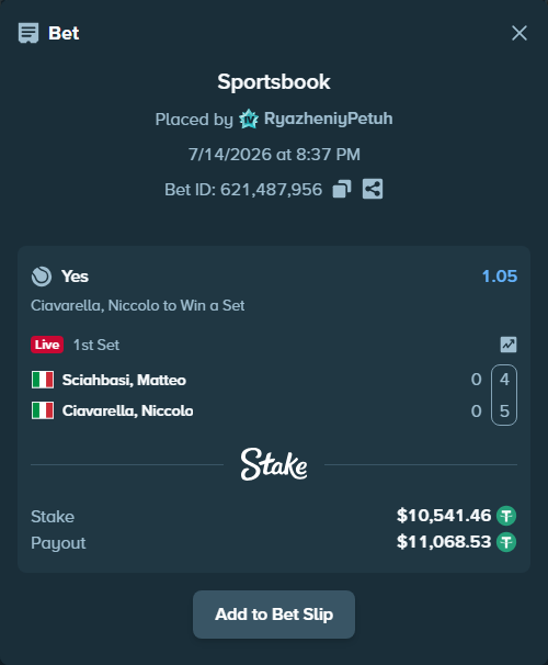 Bet slip: Sciahbasi, Matteo - Ciavarella, Niccolo, $10,552.00 stake at 1.05 odds, placed by RyazheniyPetuh