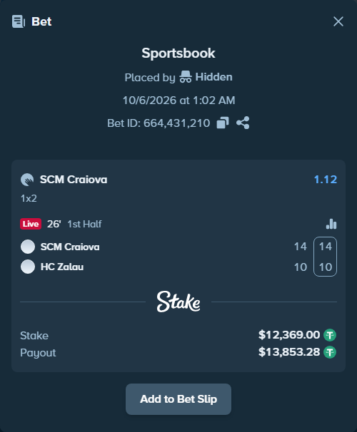 Bet slip: SCM Universitatea Craiova - HC Zalau, $12,369.00 stake at 1.12 odds, placed by Hidden