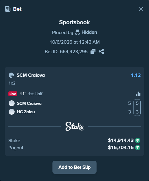 Bet slip: SCM Universitatea Craiova - HC Zalau, $14,914.43 stake at 1.12 odds, placed by Hidden