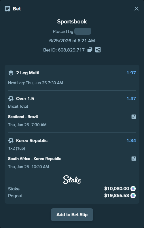 Bet slip: Scotland - Brazil, $10,863.18 stake at 1.47 odds, placed by eaglepickss