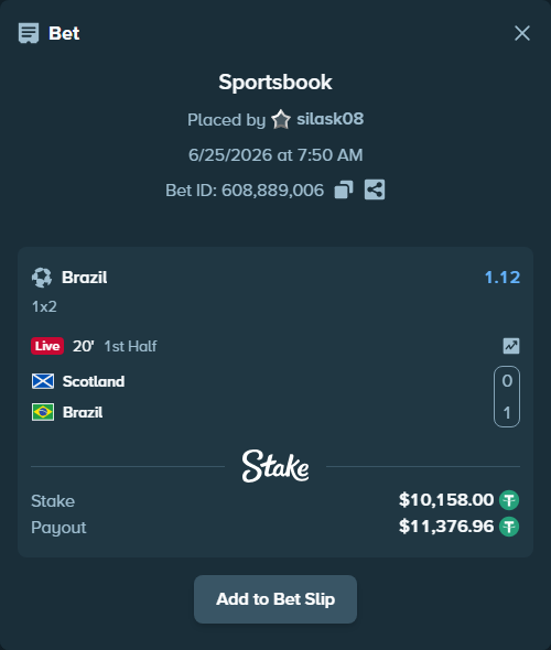 Bet slip: Scotland - Brazil, $10,168.16 stake at 1.12 odds, placed by silask08