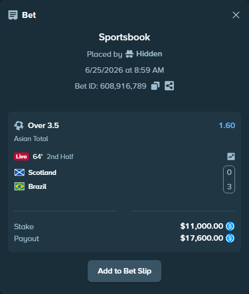 Bet slip: Scotland - Brazil, $11,000.00 stake at 1.60 odds, placed by Hidden