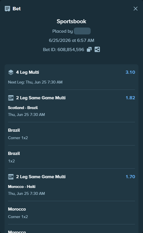 Bet slip: Scotland - Brazil, $12,000.00 stake at 1.28 odds, placed by Tamarhadsa
