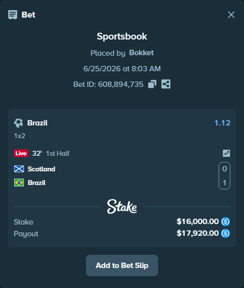 Bet slip: Scotland - Brazil, $16,000.00 stake at 1.12 odds, placed by Bokket