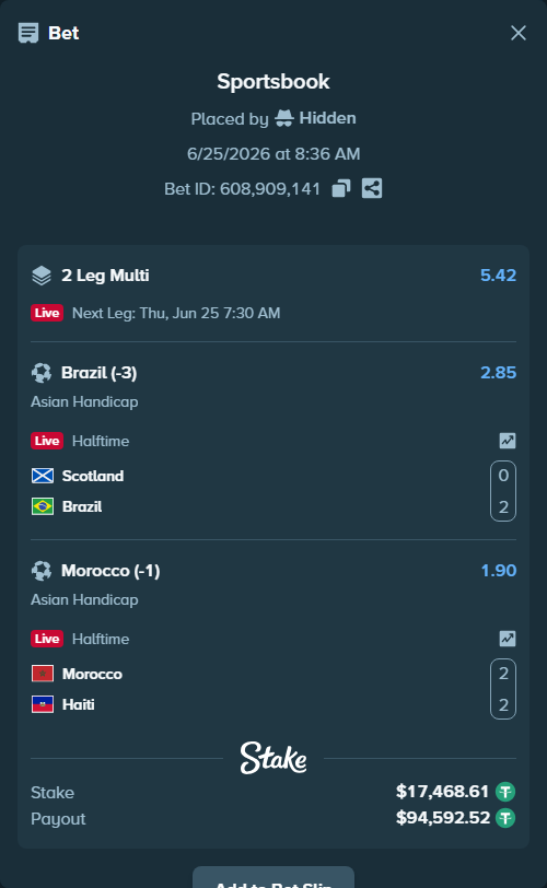 Bet slip: Scotland - Brazil, $17,486.08 stake at 2.85 odds, placed by Hidden