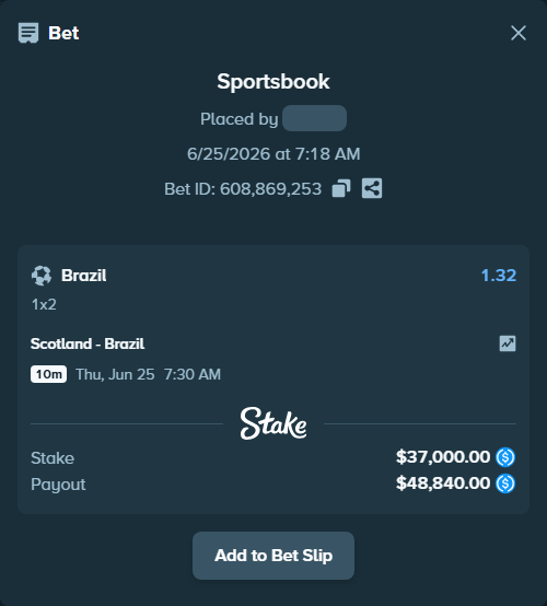 Bet slip: Scotland - Brazil, $37,000.00 stake at 1.32 odds, placed by MaryamRich