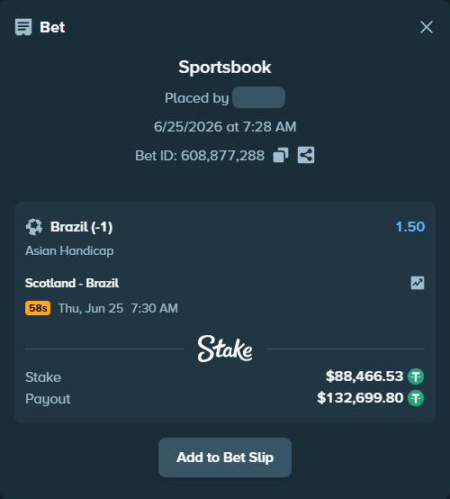 Bet slip: Scotland - Brazil, $88,555.00 stake at 1.50 odds, placed by Erneststake