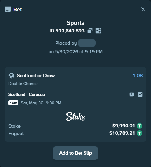 Bet slip: Scotland - Curacao, $10,000.00 stake at 1.08 odds, placed by criscas85