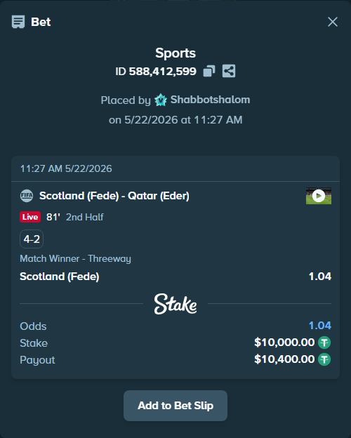 Bet slip: Scotland (Fede) - Qatar (Eder), $10,010.00 stake at 1.04 odds, placed by Shabbotshalom