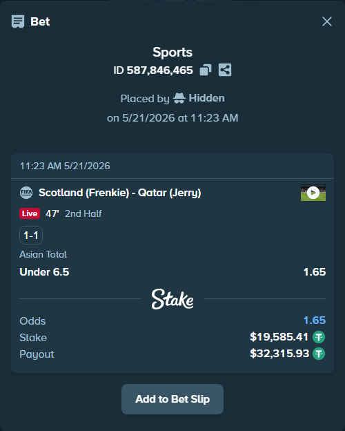 Bet slip: Scotland (Frenkie) - Qatar (Jerry), $19,605.00 stake at 1.65 odds, placed by Hidden