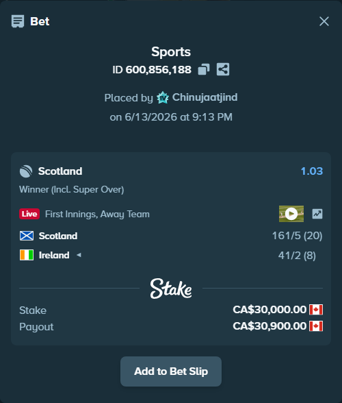 Bet slip: Scotland - Ireland, $22,200.00 stake at 1.03 odds, placed by Chinujaatjind