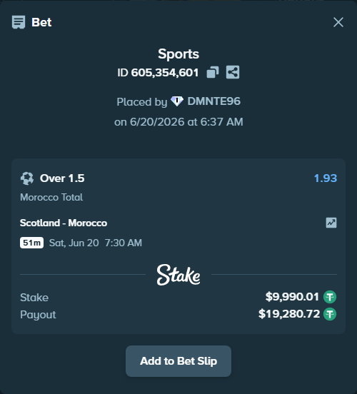 Bet slip: Scotland - Morocco, $10,000.00 stake at 1.93 odds, placed by DMNTE96
