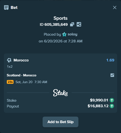 Bet slip: Scotland - Morocco, $10,000.00 stake at 1.69 odds, placed by soloy
