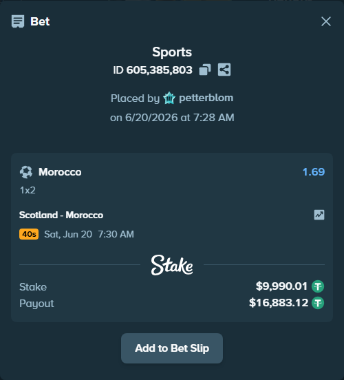 Bet slip: Scotland - Morocco, $10,000.00 stake at 1.69 odds, placed by petterblom