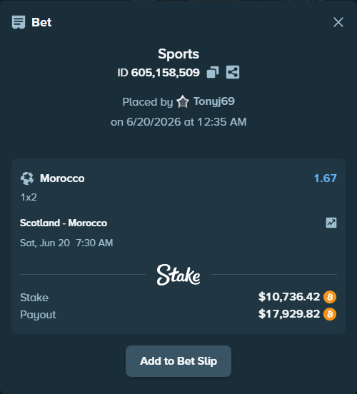 Bet slip: Scotland - Morocco, $10,932.35 stake at 1.67 odds, placed by Tonyj69